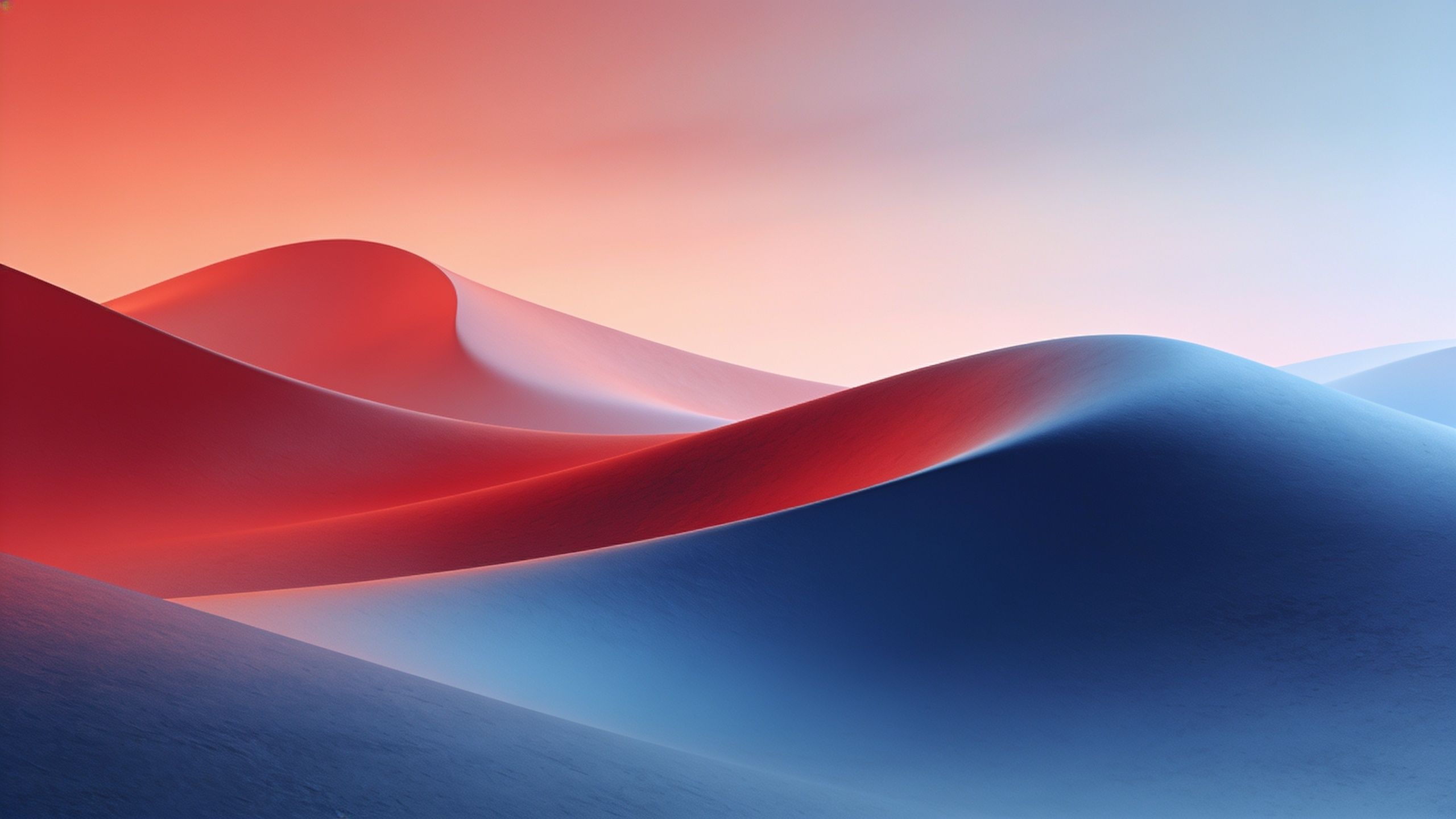 A vibrant abstract depiction of sand dunes at sunset, featuring smooth, flowing curves in rich hues of red, orange, and blue, creating a serene and dreamy atmosphere.
