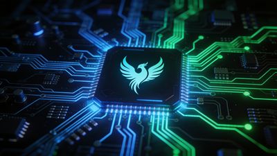 A glowing phoenix emblem is embedded in the center of a dark circuit board, with vibrant blue and green lines radiating outward, creating a high-tech and futuristic atmosphere.