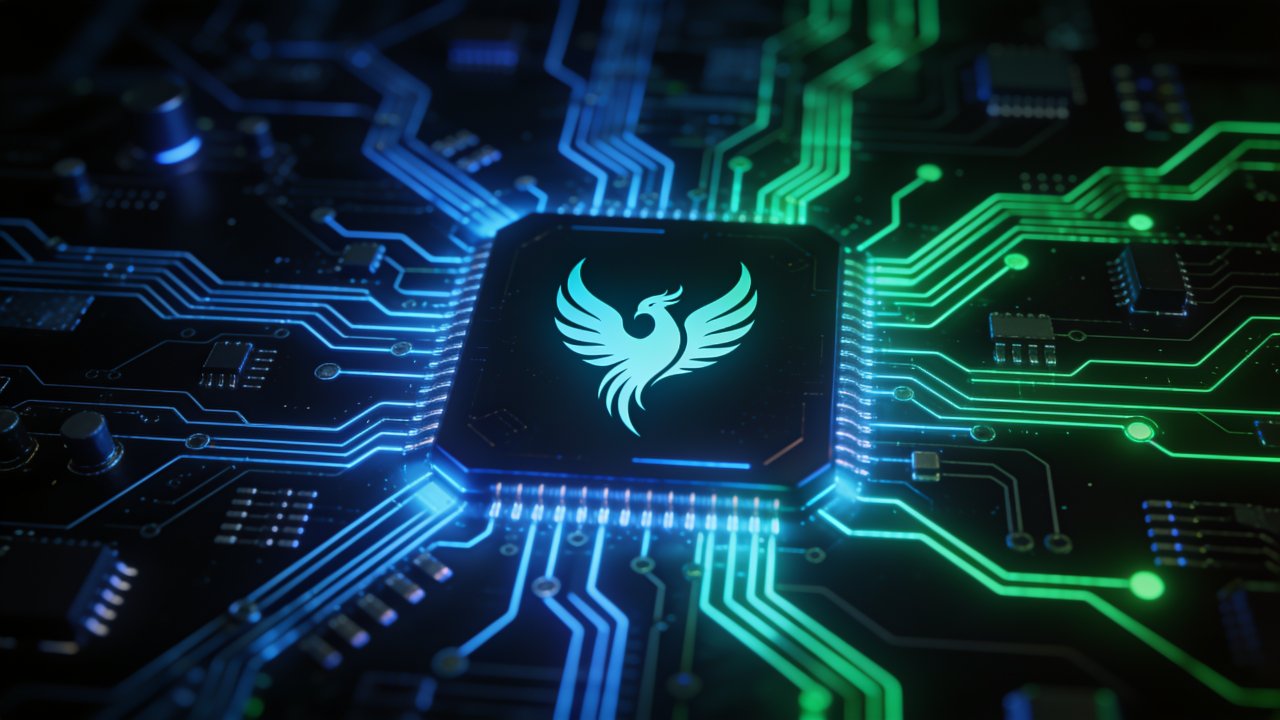 A glowing phoenix emblem is embedded in the center of a dark circuit board, with vibrant blue and green lines radiating outward, creating a high-tech and futuristic atmosphere.