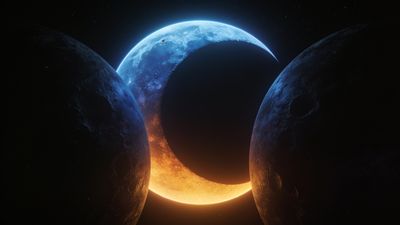 A serene cosmic scene features two large moons flanking a glowing crescent, with the crescent illuminated in a radiant blend of blue and orange hues against a starry night sky, creating a harmonious and mystical atmosphere.