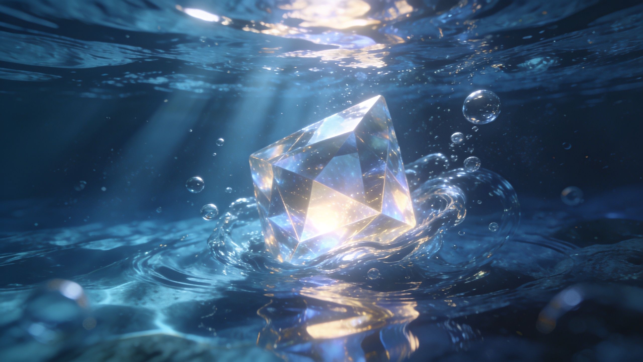 A radiant crystal glows underwater, surrounded by sunlit ripples and bubbles, creating a serene and magical ambiance. Sunbeams penetrate the water, enhancing the crystal's sparkling facets and casting gentle reflections.