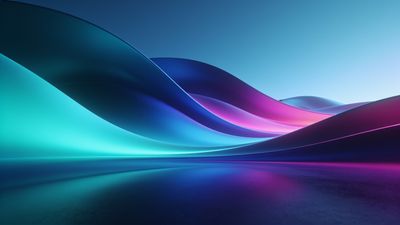 A dynamic abstract wallpaper featuring flowing waves in vibrant neon hues of blue, pink, and purple, creating a futuristic and energetic mood against a soft gradient background.