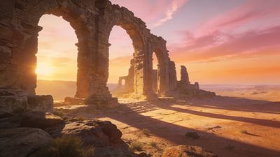 Ancient stone arches stand silhouetted against a vibrant sunset, casting long shadows across the desert landscape, creating a serene and timeless atmosphere.