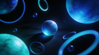 A collection of glowing blue spheres and rings float in a dark cosmic space, creating a mystical and serene atmosphere with a sense of depth and wonder.