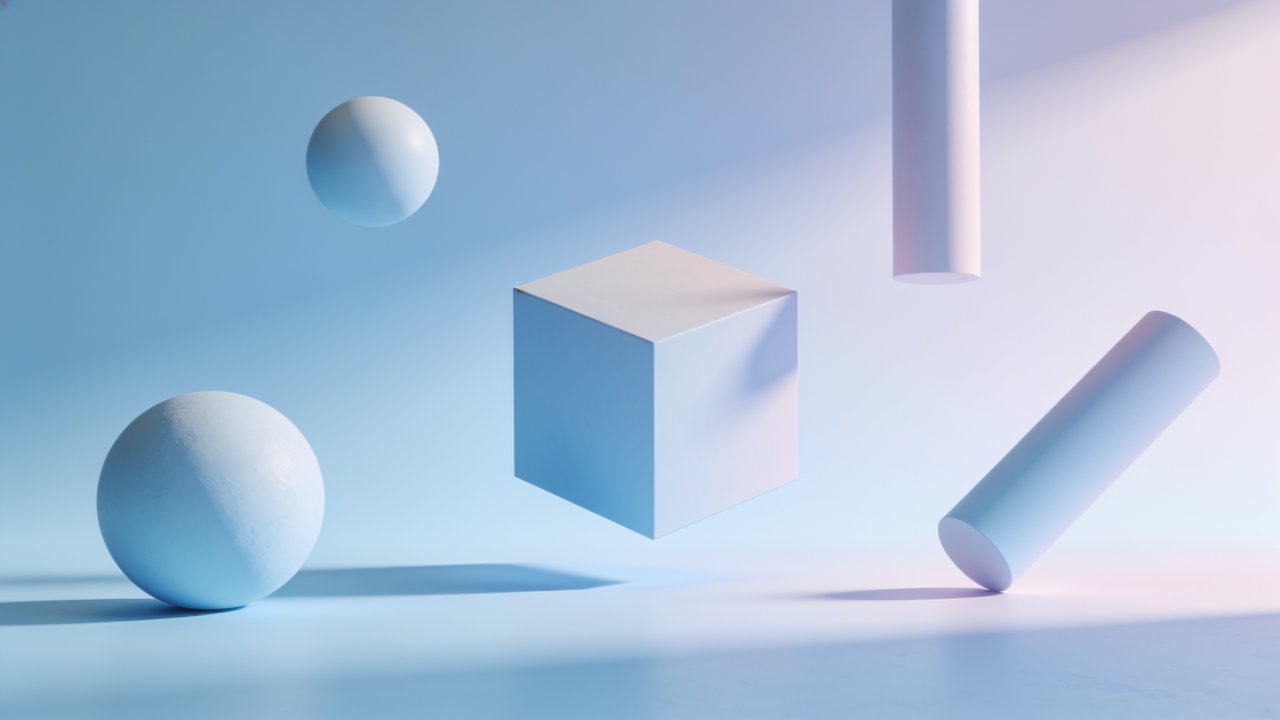Floating geometric shapes, including a sphere, cube, and cylinders, hover in a serene setting with soft pastel colors of blue and pink, creating a calm and minimalist atmosphere.