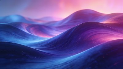 A serene scene of ocean waves is depicted with a dreamy, ethereal quality, bathed in soft hues of blue and pink as the sun sets, creating a tranquil and calming atmosphere.