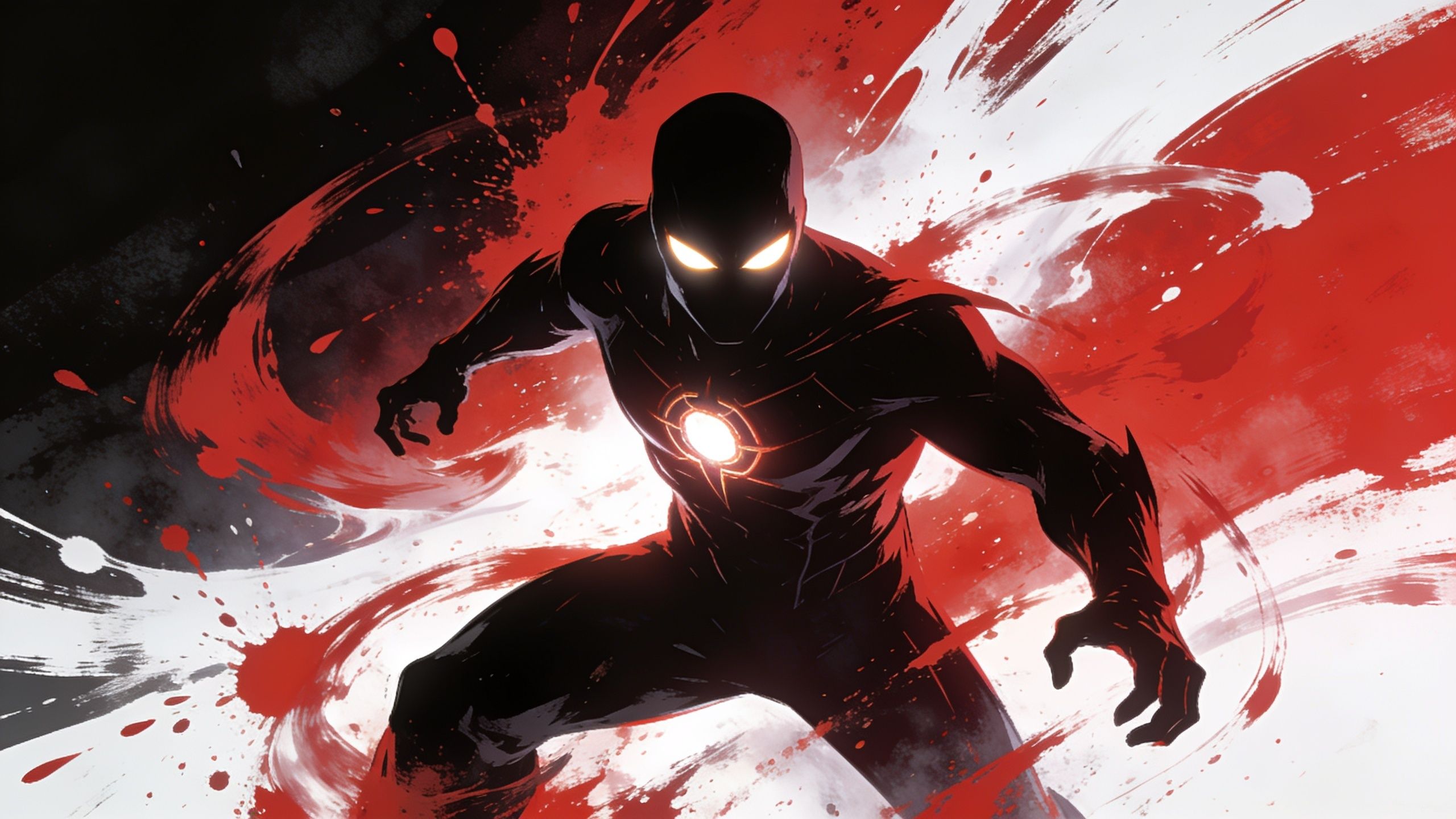 A dynamic superhero in a sleek, dark suit with glowing eyes and chest emblem is captured mid-action, surrounded by swirling red and white energy against a dark background, creating an intense and powerful atmosphere.
