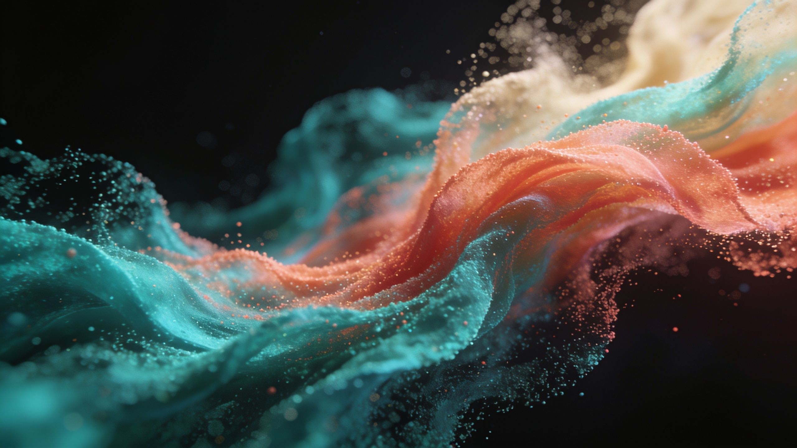 A dynamic abstract image featuring vibrant waves of teal, orange, and cream hues swirling together against a dark background, creating a sense of fluid motion and energy.