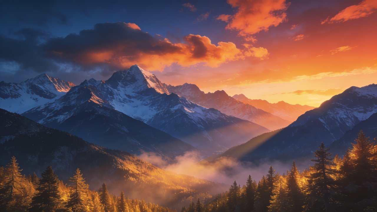 A breathtaking sunrise illuminates snow-capped mountain peaks with warm, golden light, casting a serene and majestic atmosphere over the tranquil landscape. The foreground features a dense forest with trees bathed in the soft glow of dawn, enhancing the peaceful mood.