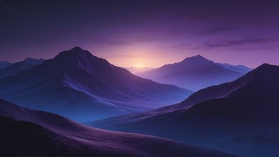 A serene landscape features purple-hued mountains under a soft sunrise, casting gentle shadows and creating a tranquil and calming atmosphere.