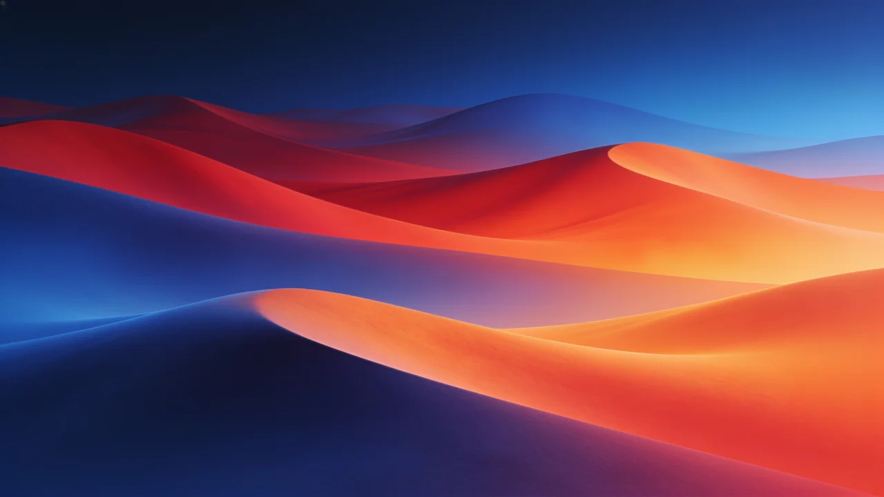 A vibrant sunset casts a warm glow over undulating sand dunes in vivid shades of orange, red, and blue, creating a surreal and tranquil landscape. The smooth curves of the dunes and the rich colors evoke a sense of calm and wonder.