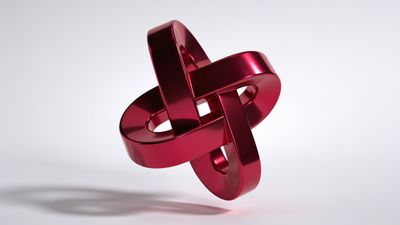 A sleek, red metallic abstract shape with intertwined loops is set against a plain white background, creating a modern and sophisticated mood. The shiny surface and intricate design evoke a sense of elegance and futuristic style.