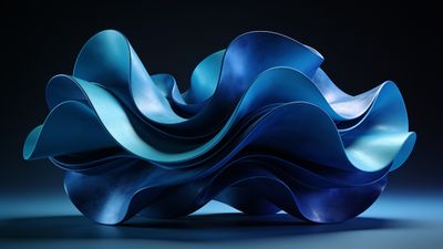 The image features an abstract sculpture of flowing blue waves, with smooth, undulating shapes that create a sense of movement and tranquility against a dark background. The varying shades of blue and the fluid design evoke a serene and artistic mood.