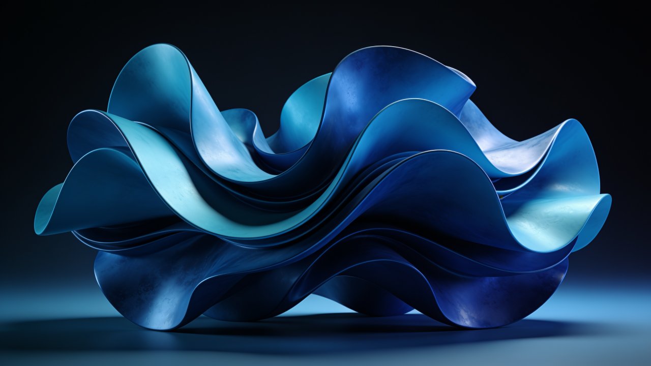 The image features an abstract sculpture of flowing blue waves, with smooth, undulating shapes that create a sense of movement and tranquility against a dark background. The varying shades of blue and the fluid design evoke a serene and artistic mood.