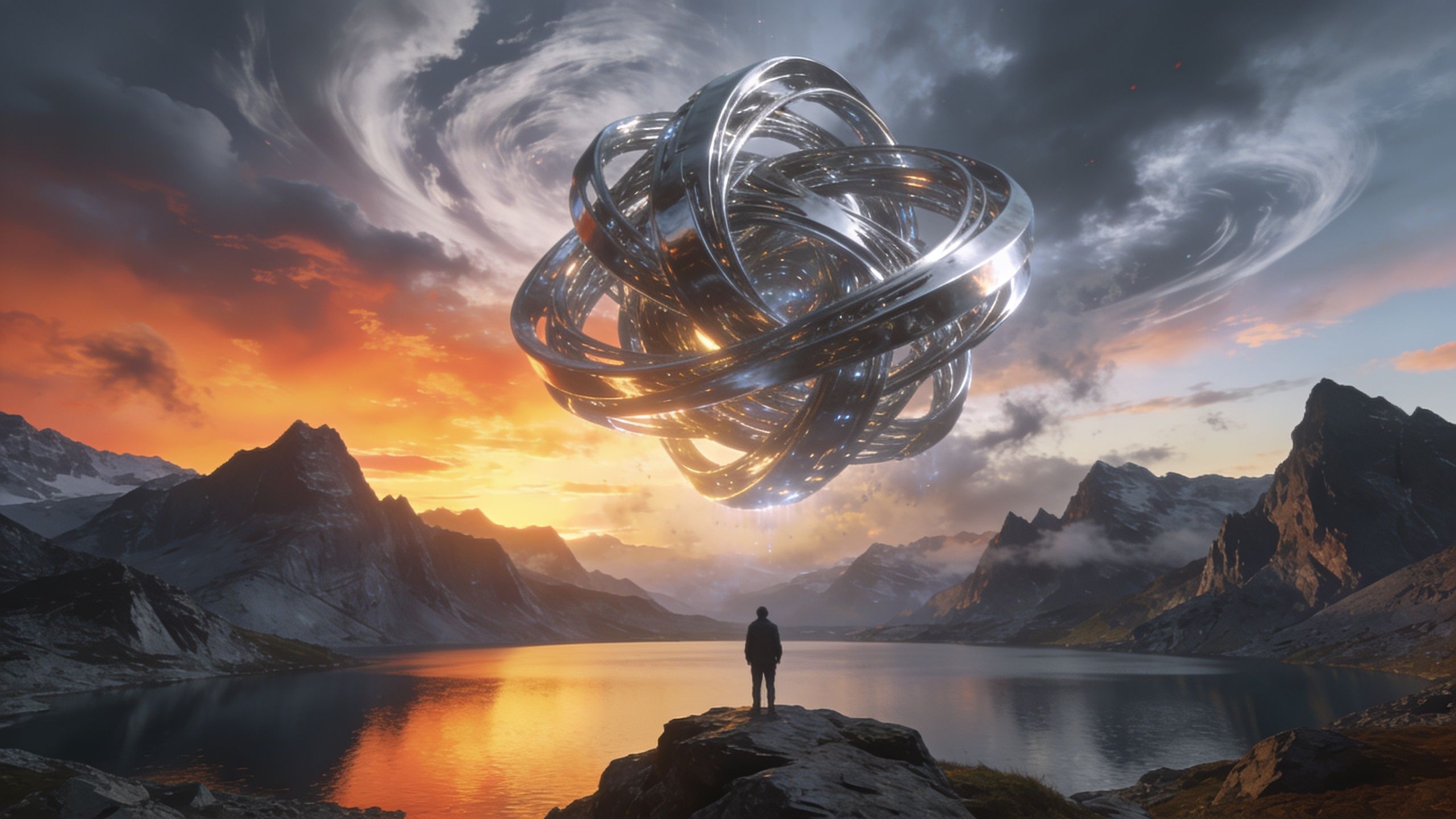 A person stands on a rocky outcrop overlooking a tranquil lake surrounded by mountains at sunset, with a large, glowing, metallic orb floating in the sky, creating a surreal and futuristic atmosphere.