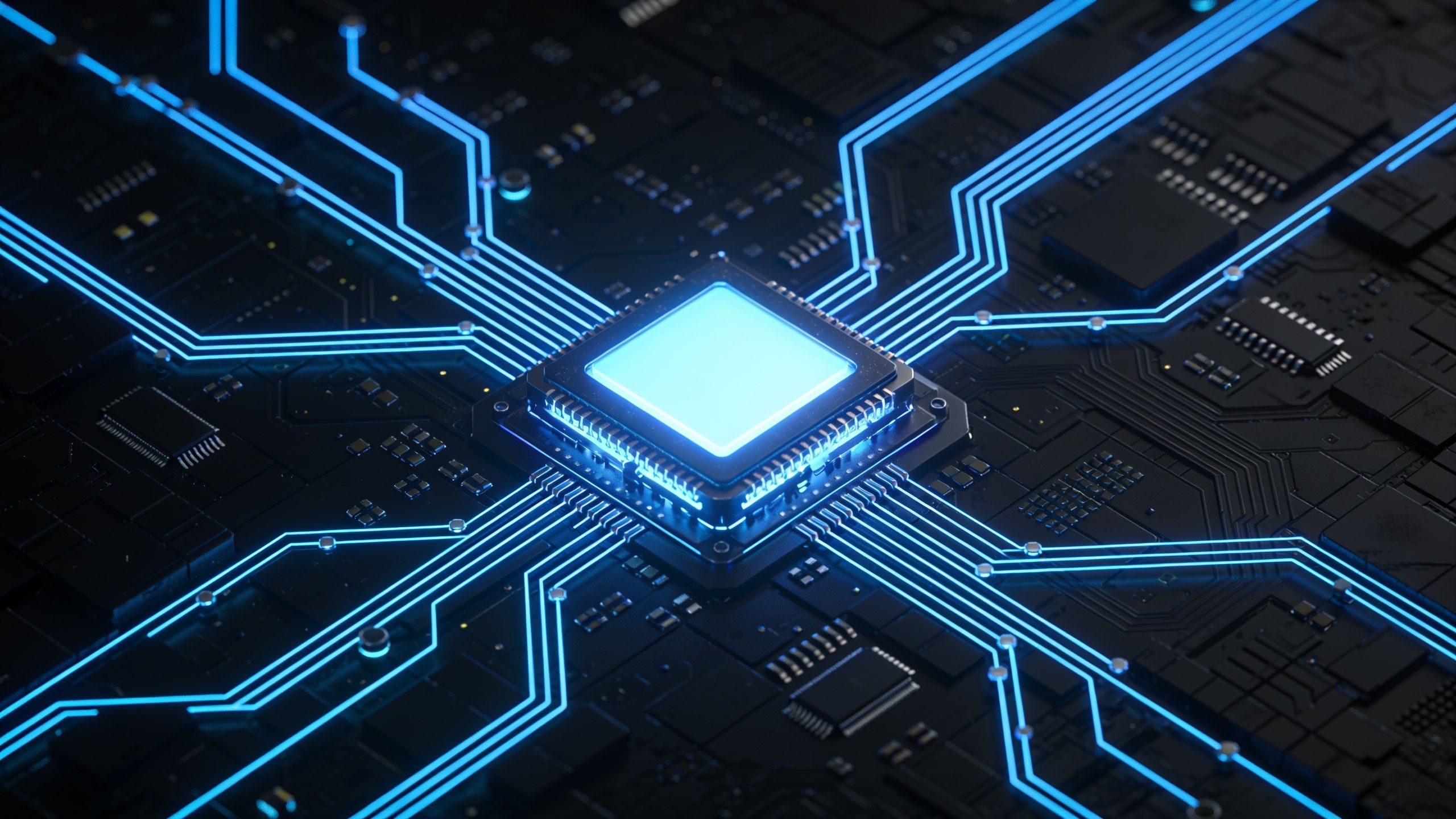 A futuristic circuit board features a central glowing microchip with bright blue connections radiating outward, creating a high-tech and dynamic atmosphere. The dark background contrasts with the vibrant lines, enhancing the sense of innovation and energy.