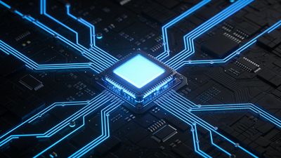 A futuristic circuit board features a central glowing microchip with bright blue connections radiating outward, creating a high-tech and dynamic atmosphere. The dark background contrasts with the vibrant lines, enhancing the sense of innovation and energy.