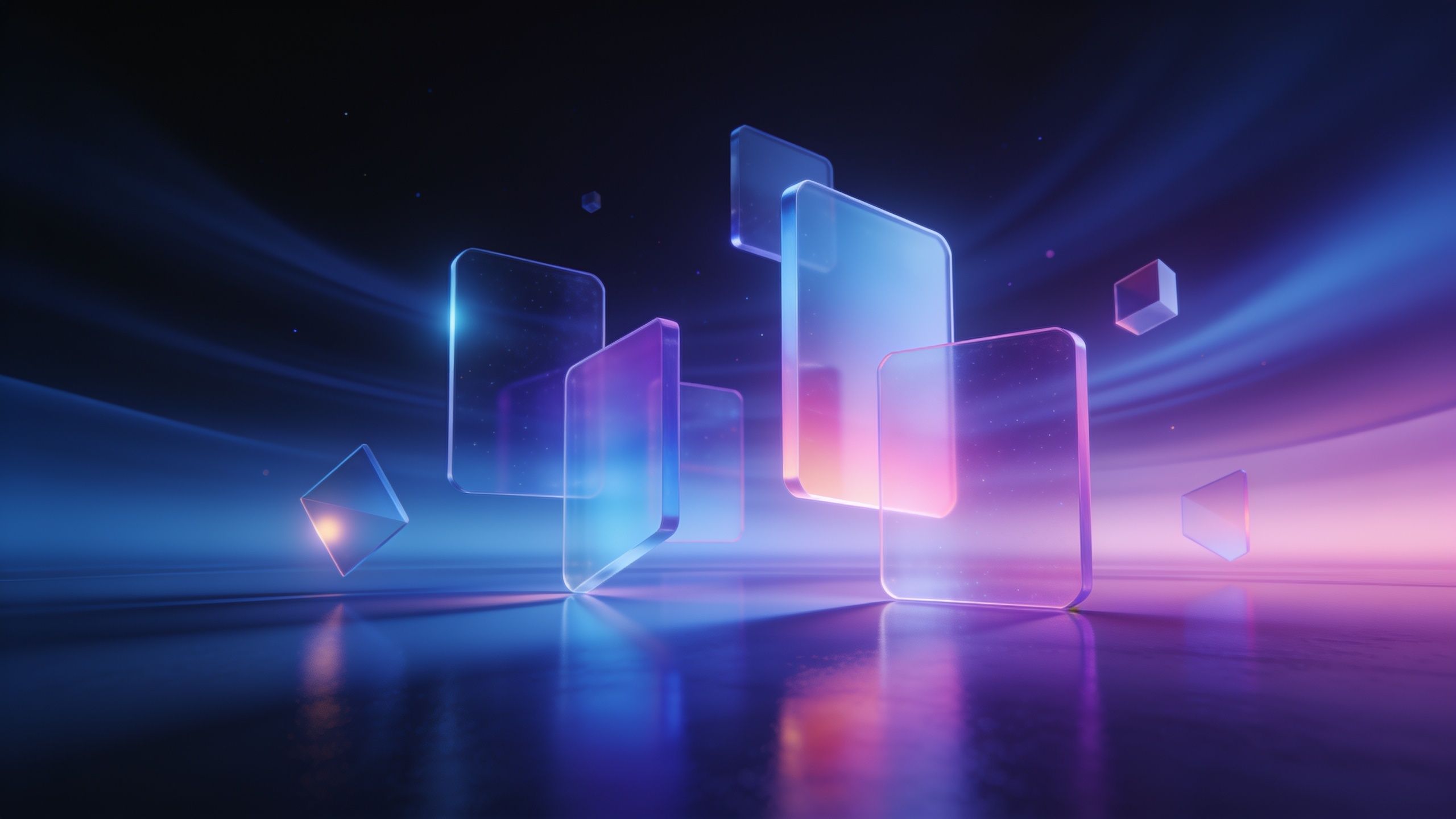 The image features transparent, neon-lit glass shapes floating in a dark, futuristic setting with vibrant hues of blue and pink, creating a dynamic and ethereal atmosphere.