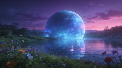 A serene cosmic landscape features a large, glowing blue planet reflecting in a tranquil lake, surrounded by vibrant blooming flowers under a purple and pink sky, creating a dreamy and otherworldly atmosphere.