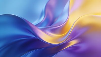 A dynamic and colorful display of silky waves in shades of blue, purple, and yellow creates a flowing, vibrant pattern, evoking a sense of elegance and fluidity.