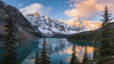 A serene mountain landscape at sunrise, with snow-capped peaks reflecting in a tranquil, turquoise lake surrounded by evergreen trees, under a sky painted with soft pink and orange hues.