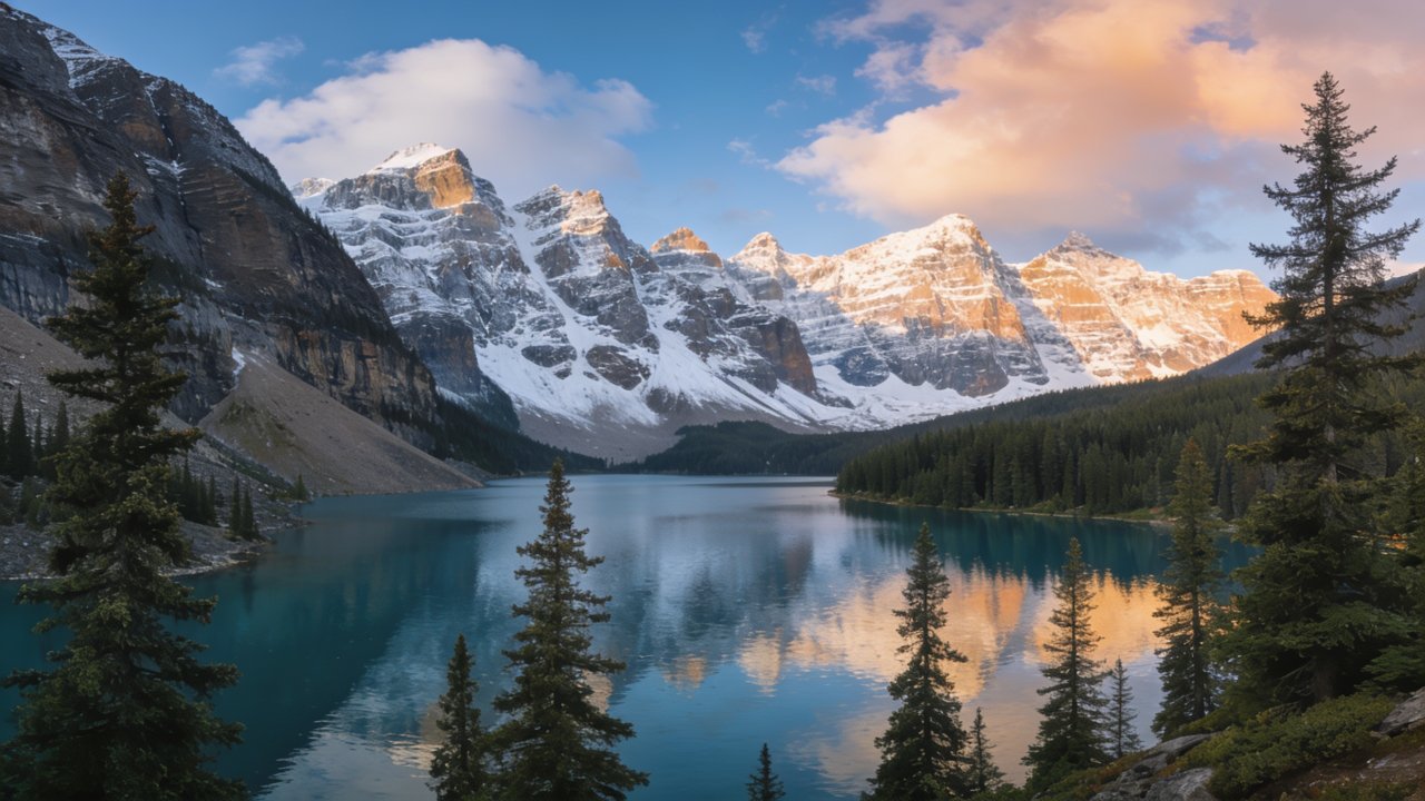 A serene mountain landscape at sunrise, with snow-capped peaks reflecting in a tranquil, turquoise lake surrounded by evergreen trees, under a sky painted with soft pink and orange hues.
