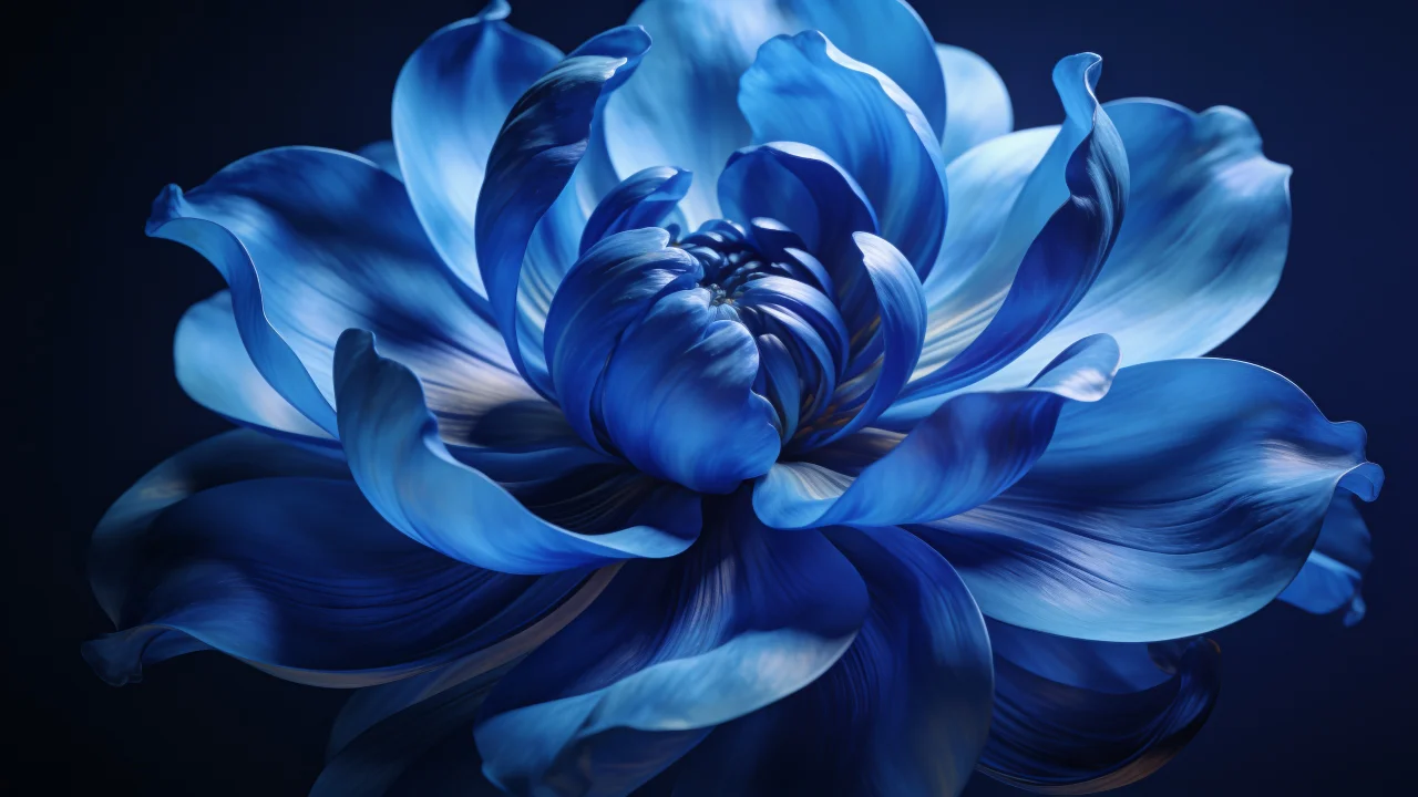 A vibrant blue flower in full bloom is captured against a dark background, with its petals elegantly unfurling to reveal intricate details and a sense of serene beauty. The rich blue tones and soft lighting create a tranquil and sophisticated mood.