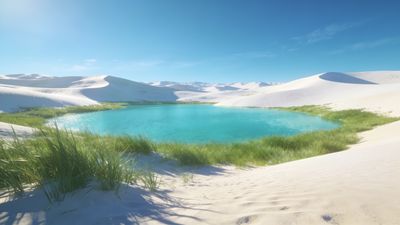 A tranquil oasis with clear turquoise water is surrounded by lush green grass, set amidst expansive white sand dunes under a bright blue sky, creating a serene and peaceful atmosphere.