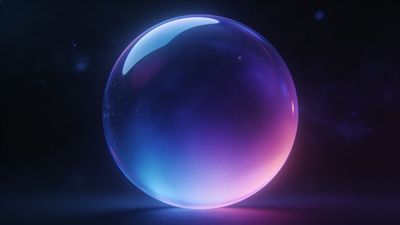 A glowing neon sphere radiates vibrant hues of purple, pink, and blue, set against a dark cosmic background, creating a mystical and ethereal atmosphere.