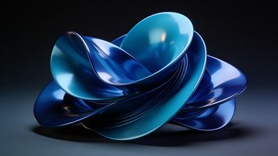 An abstract sculpture composed of smooth, intertwined blue metallic shapes is set against a dark background, creating an elegant and modern aesthetic with a serene and contemplative mood.