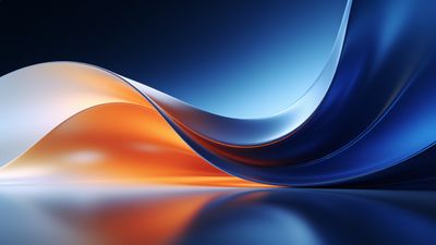 A dynamic abstract design featuring elegant waves in rich blue and vibrant orange hues, creating a sense of fluidity and energy against a smooth gradient background. The composition exudes a modern and sophisticated mood.