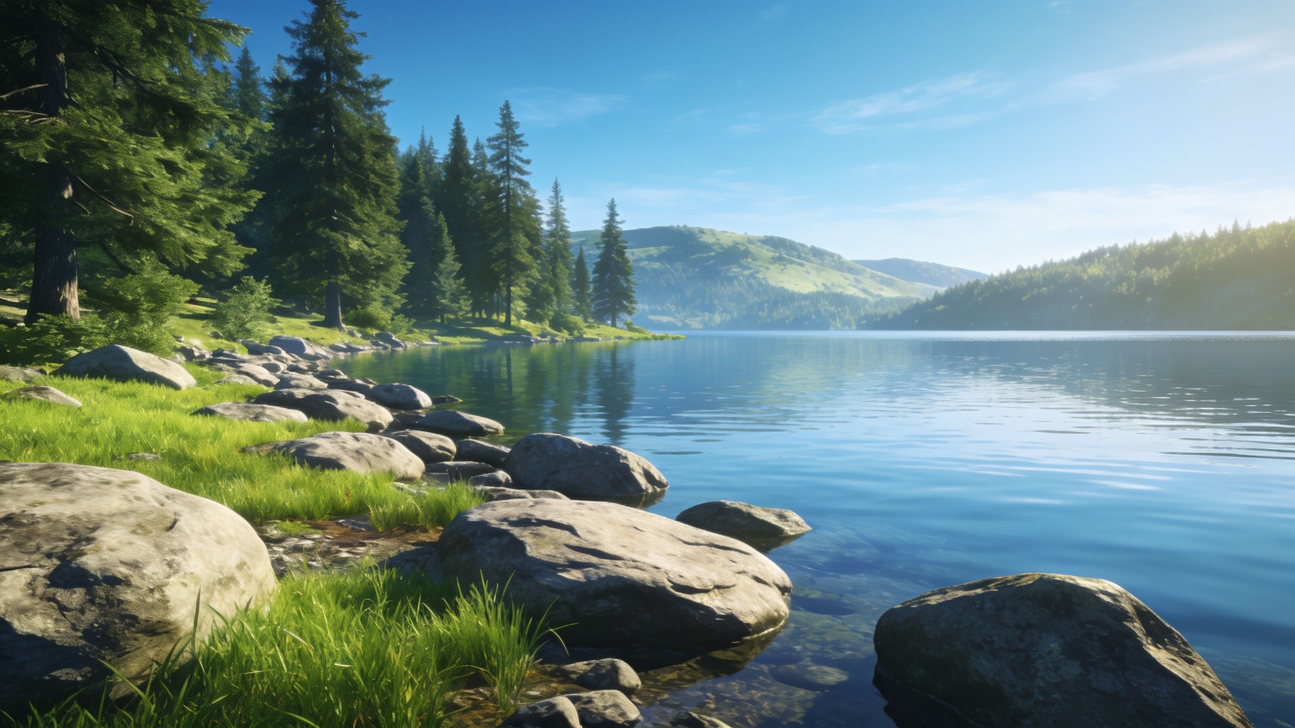 A tranquil lake is surrounded by lush green trees and grassy banks, with clear blue skies reflecting on the water, creating a peaceful and serene atmosphere.