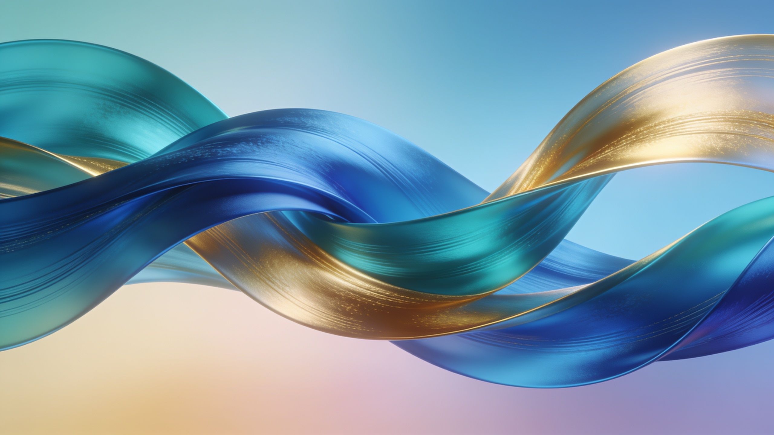 A dynamic and colorful wallpaper featuring twisting ribbons in vibrant shades of blue and gold, set against a soft gradient background that transitions from warm to cool tones, creating an energetic and lively mood.