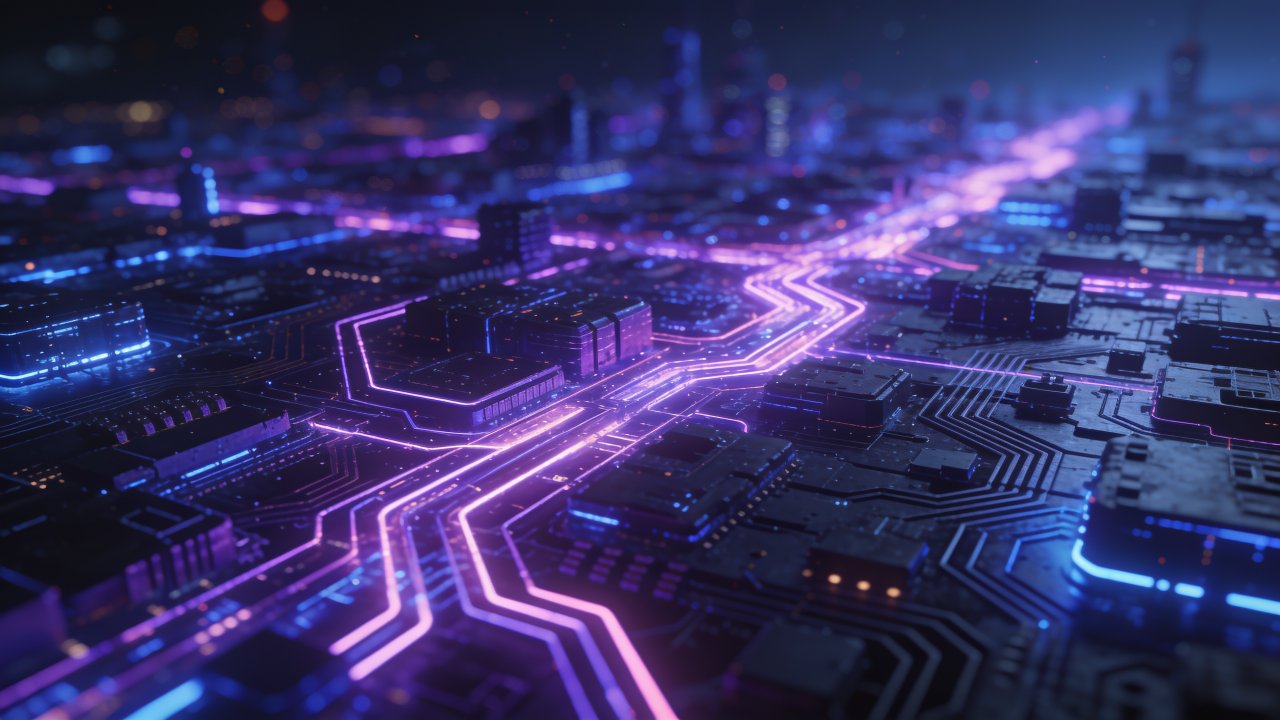 A vibrant, futuristic cityscape with glowing neon circuits resembling a sprawling metropolis, creating a high-tech, digital atmosphere. The scene is illuminated with bright pink and blue lights, evoking a sense of innovation and energy.