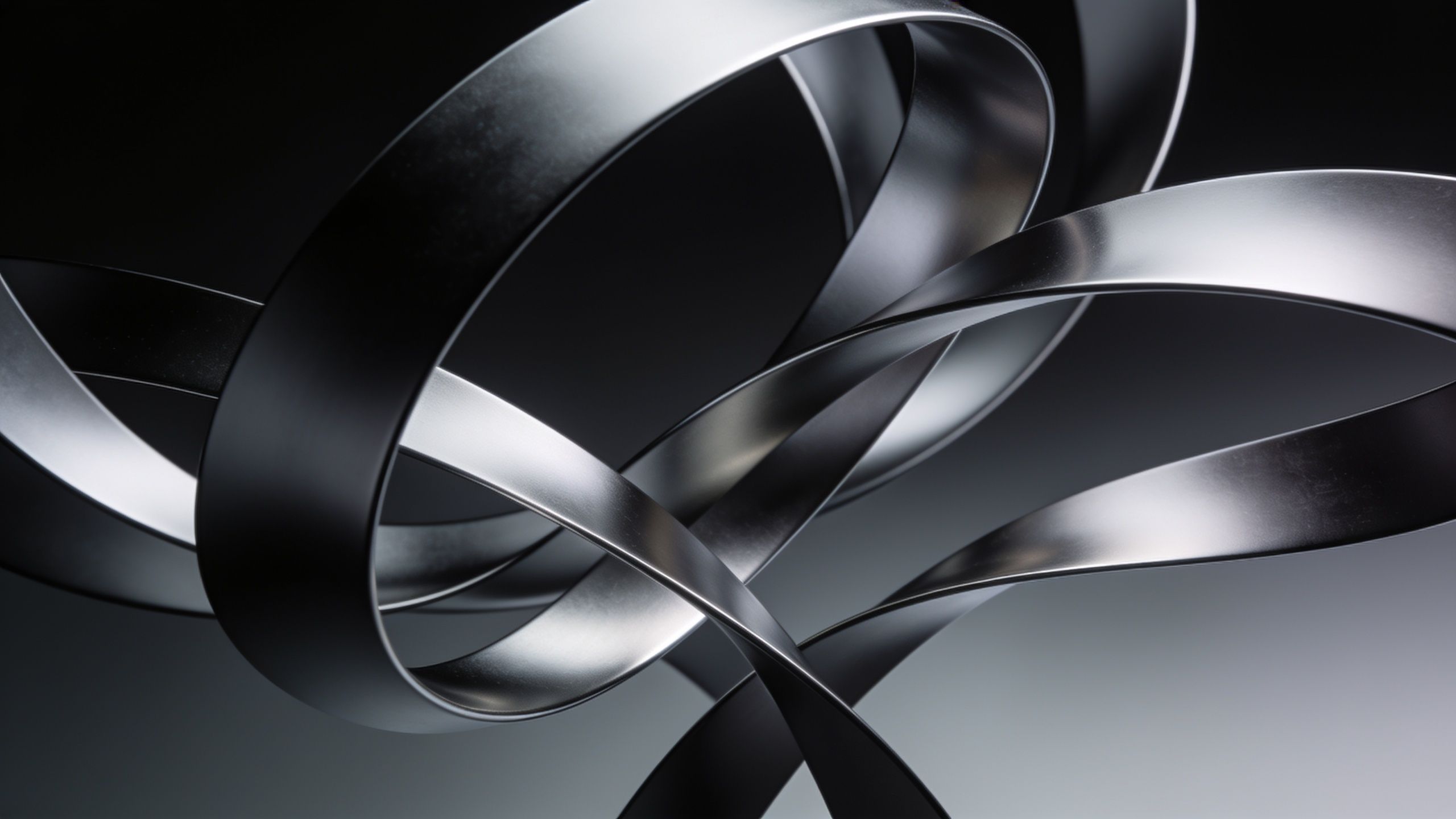 A dynamic composition of sleek, intertwined metallic ribbons set against a smooth gradient background, creating a modern and sophisticated mood. The reflective surfaces of the ribbons enhance the abstract art's depth and elegance.