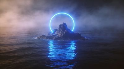 A small rocky island is surrounded by a glowing neon blue halo, casting a mystical reflection on the calm ocean waters under a misty, ethereal sky.