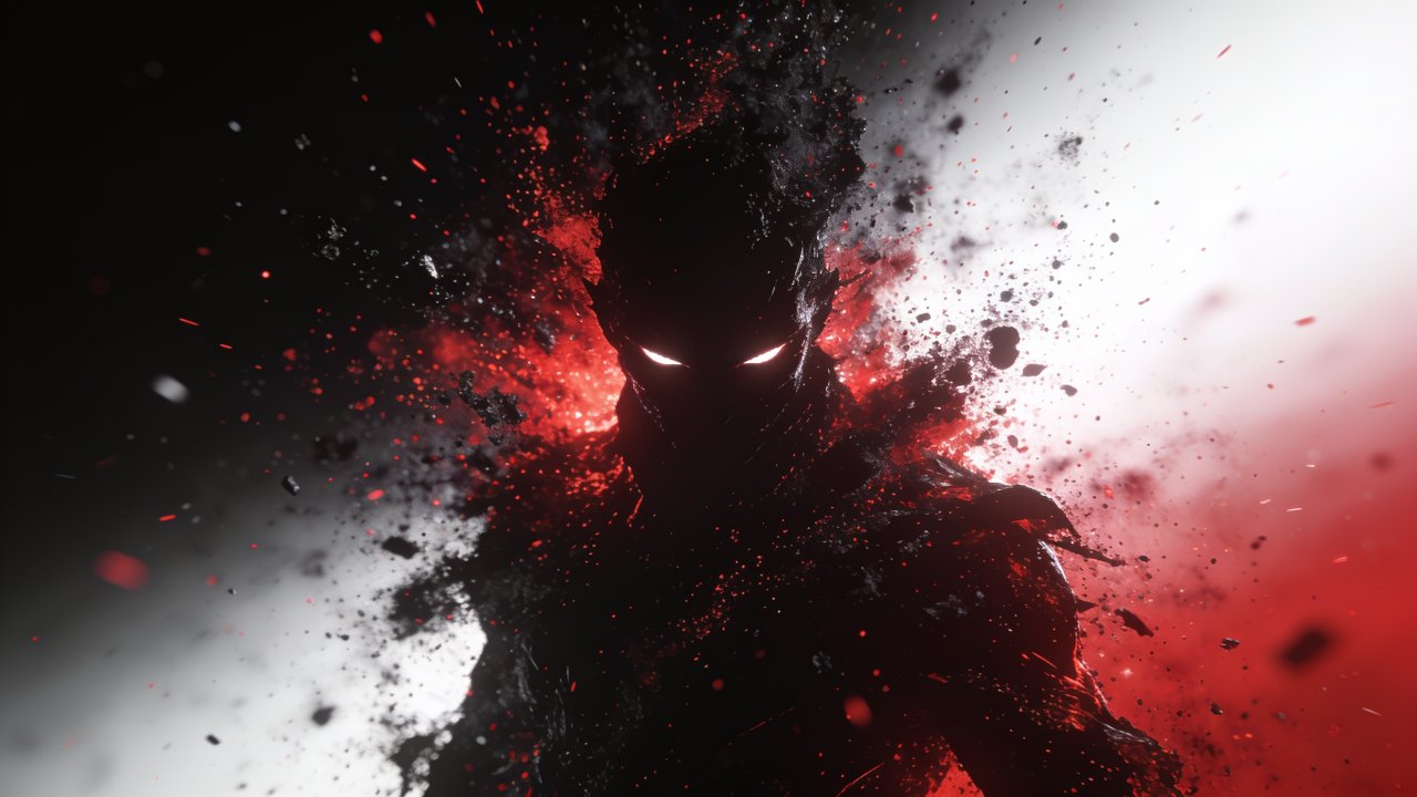 A shadowy warrior with glowing eyes emerges dramatically from a fiery explosion, surrounded by swirling debris and intense red and black hues, creating a powerful and ominous atmosphere.