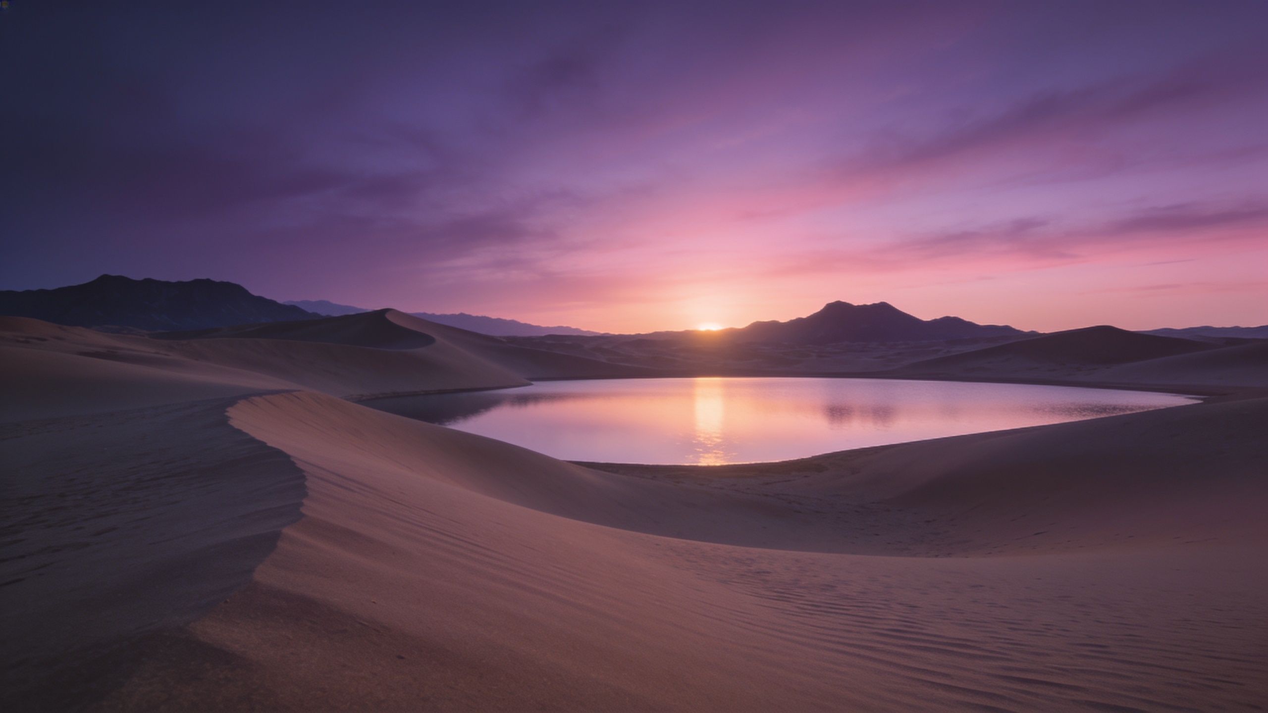 A serene desert sunset casts a warm glow over a tranquil oasis, with soft pink and purple hues reflecting on the calm water surrounded by gentle sand dunes, creating a peaceful and calming atmosphere.