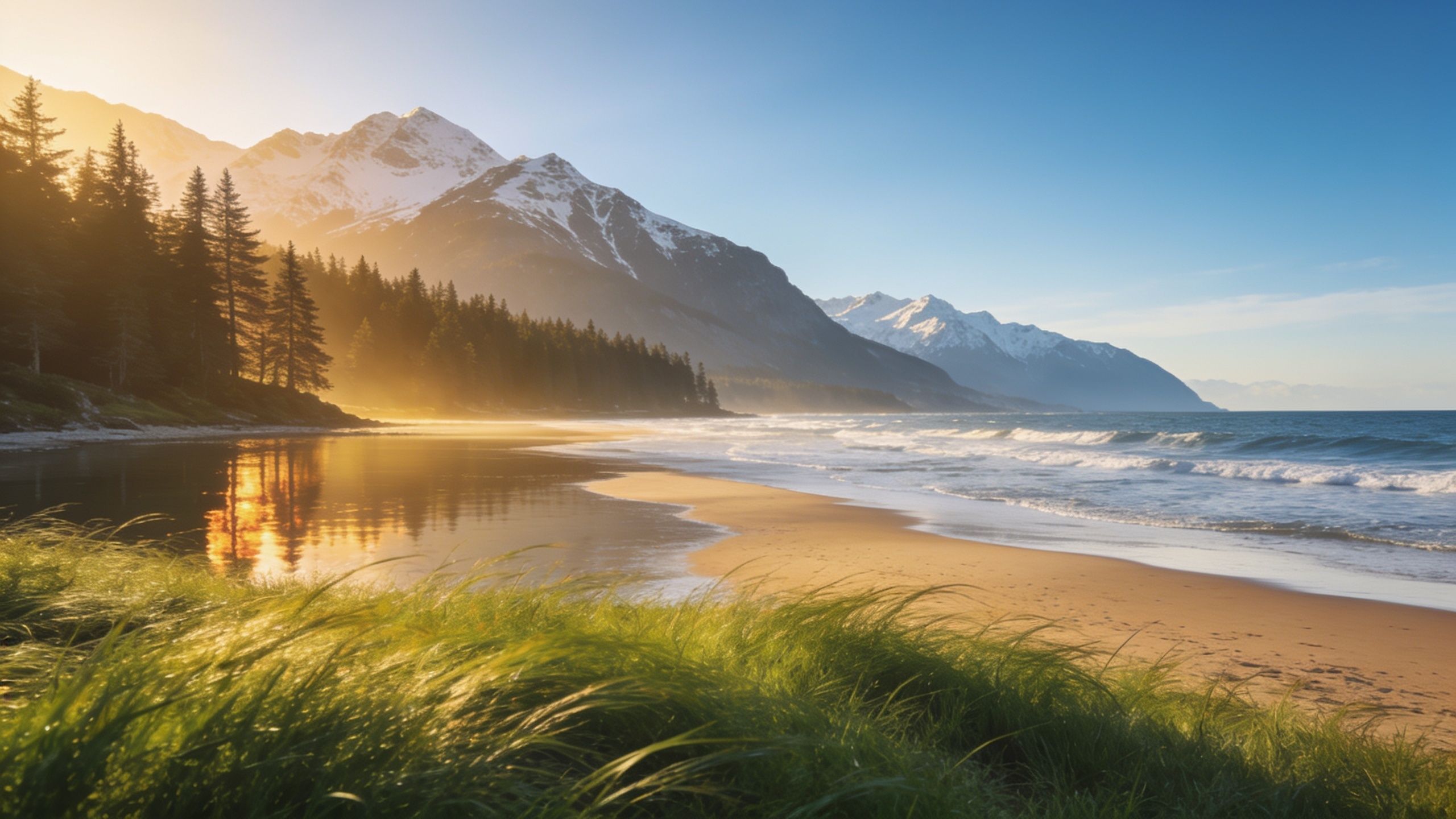 A tranquil beach scene at sunrise features gentle waves lapping against the shore, with towering snow-capped mountains in the background and soft golden light illuminating the lush greenery and trees, creating a serene and peaceful atmosphere.