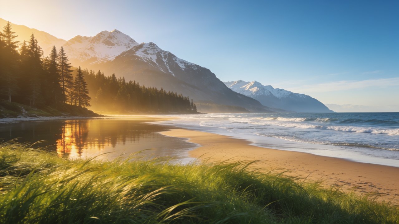A tranquil beach scene at sunrise features gentle waves lapping against the shore, with towering snow-capped mountains in the background and soft golden light illuminating the lush greenery and trees, creating a serene and peaceful atmosphere.