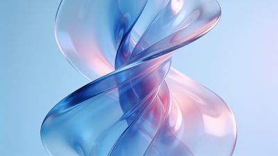 A gracefully twisting glass structure in soft pastel hues of blue and pink creates an elegant and serene mood against a light blue background.