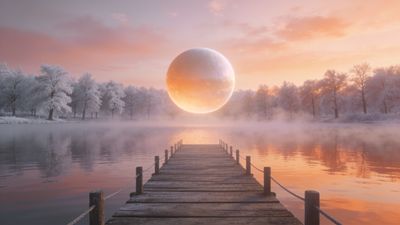 A mystical sunrise casts a warm glow over a frosty lake, with a large, ethereal sphere hovering above the water, surrounded by snow-covered trees and a wooden pier extending into the misty scene.