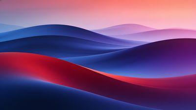Abstract waves in vibrant sunset hues of orange, pink, purple, and blue create a serene and dynamic landscape, evoking a sense of calm and fluidity.