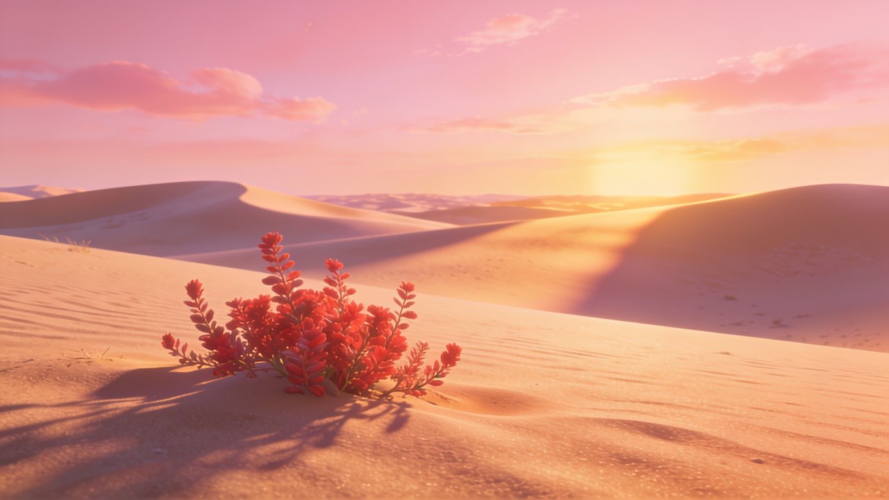 A serene desert landscape at sunset features rolling sand dunes bathed in warm, golden light, with vibrant red flora in the foreground adding a splash of color to the tranquil scene.