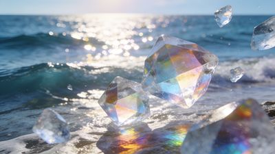 The wallpaper features large, faceted crystals reflecting vibrant rainbow colors as they float above gentle ocean waves, creating a serene and magical atmosphere with the sun sparkling on the water's surface.