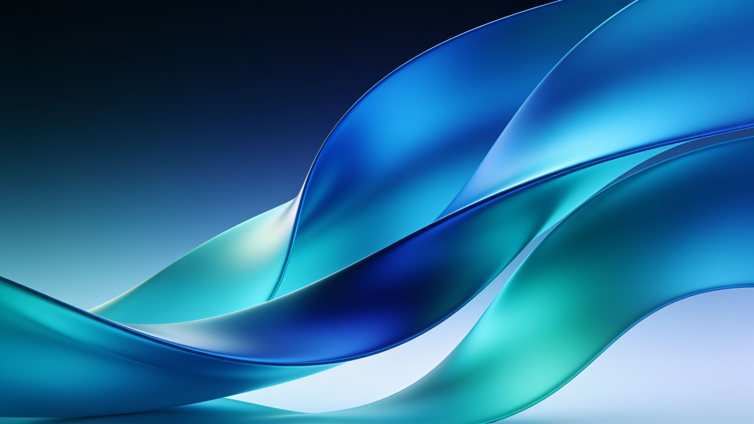 Abstract art wallpaper featuring smooth, flowing blue waves with gradients of turquoise and deep blue, creating a serene and elegant mood against a soft, dark-to-light gradient background.