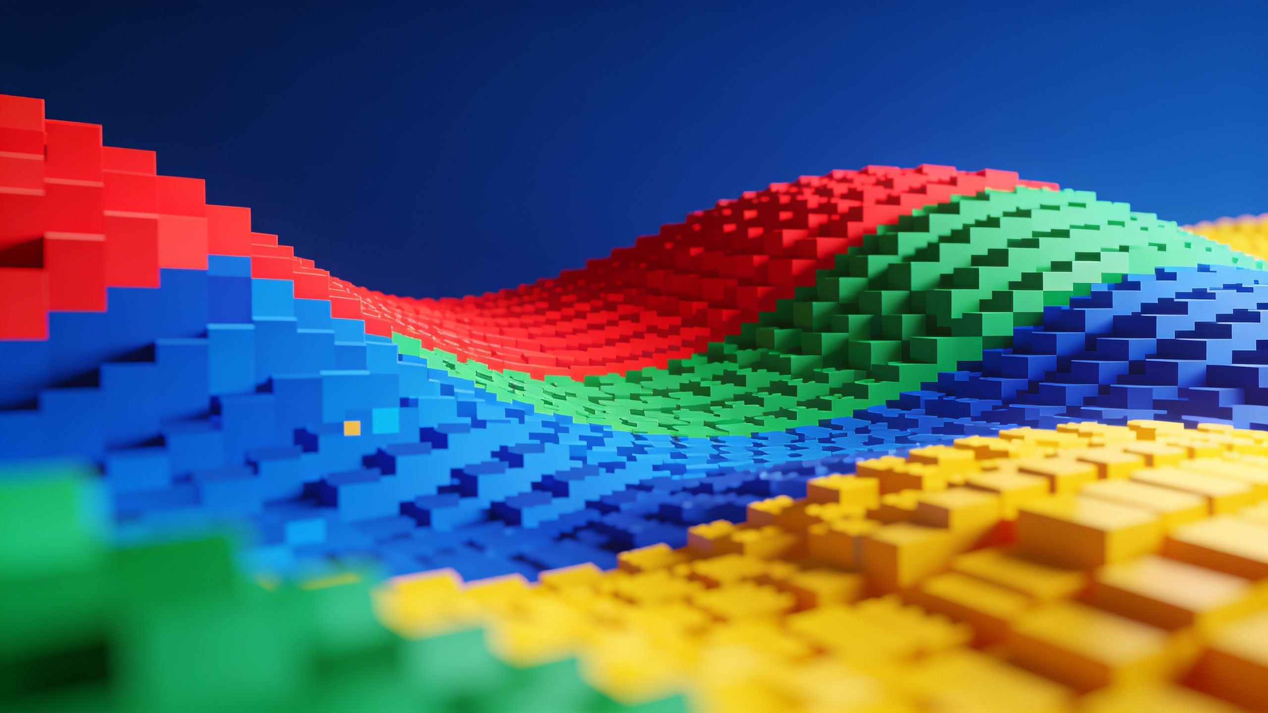A dynamic wave pattern made of vibrant LEGO blocks in red, blue, green, and yellow creates a playful and energetic mood against a deep blue background.