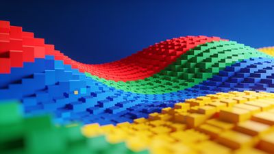 A dynamic wave pattern made of vibrant LEGO blocks in red, blue, green, and yellow creates a playful and energetic mood against a deep blue background.