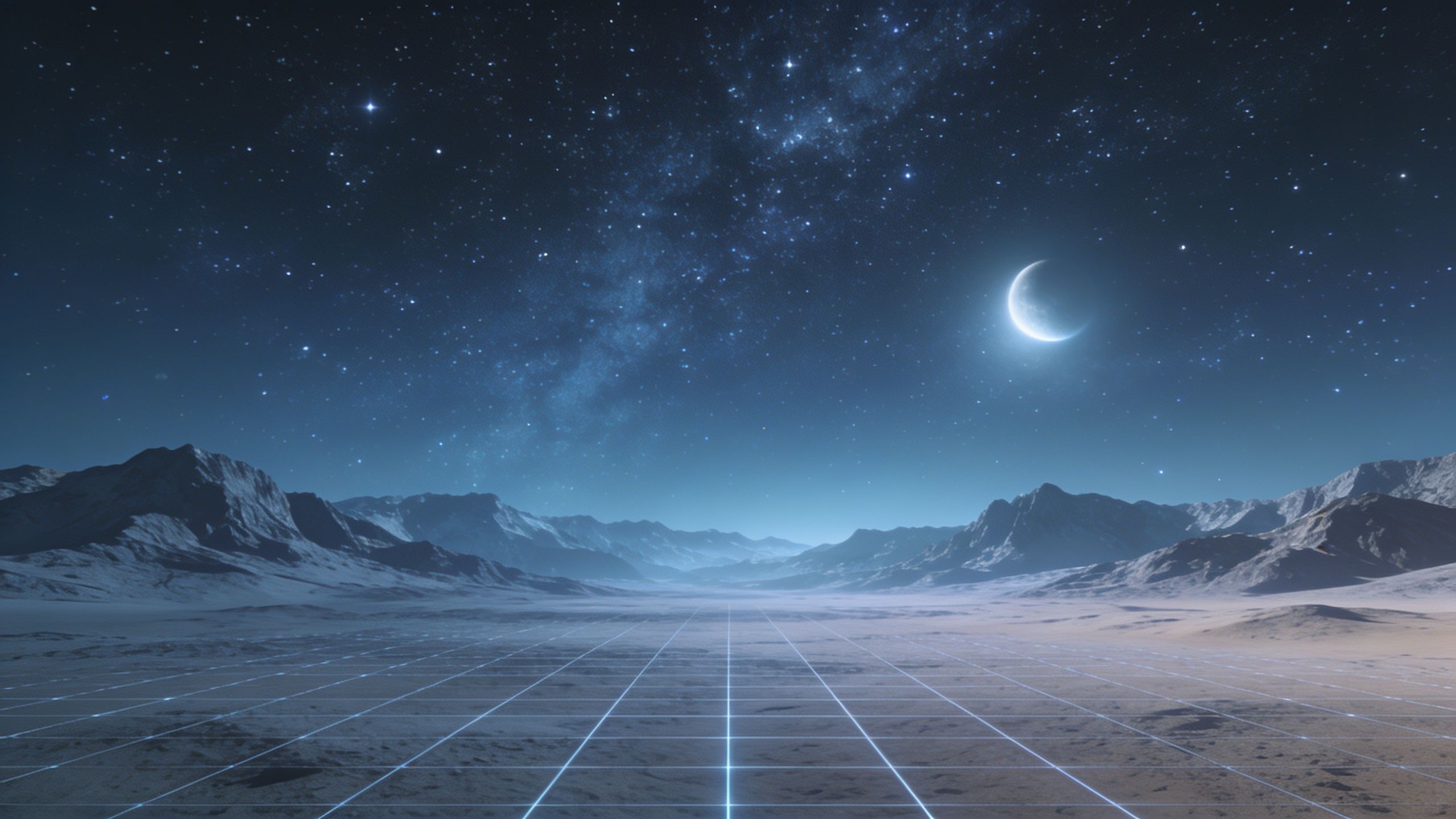 A futuristic landscape features a vast, grid-like terrain under a starry night sky, with a glowing crescent moon illuminating distant mountains, creating a serene and otherworldly atmosphere.