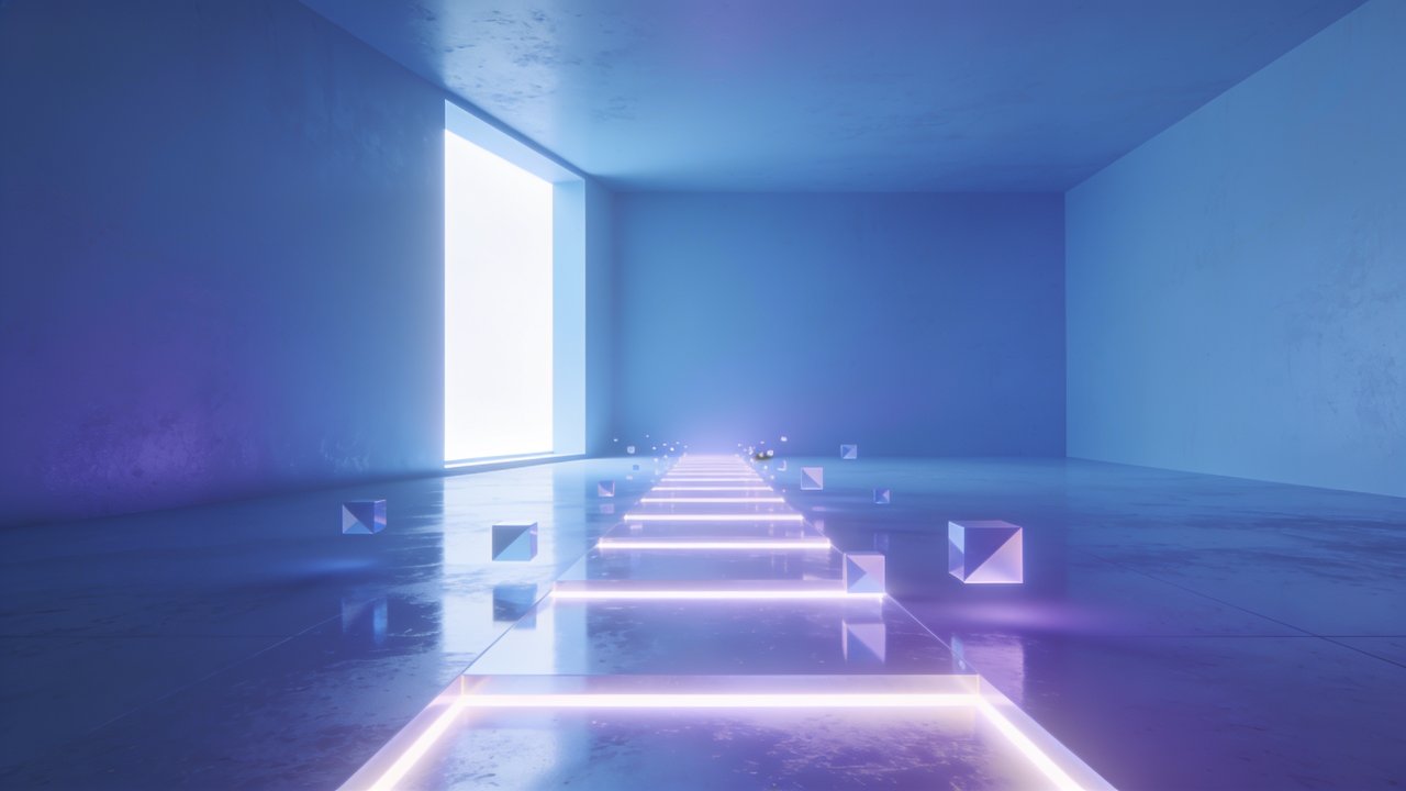 A minimalist room features a glowing neon pathway leading towards a bright, open doorway, surrounded by floating geometric shapes, creating a futuristic and serene atmosphere.